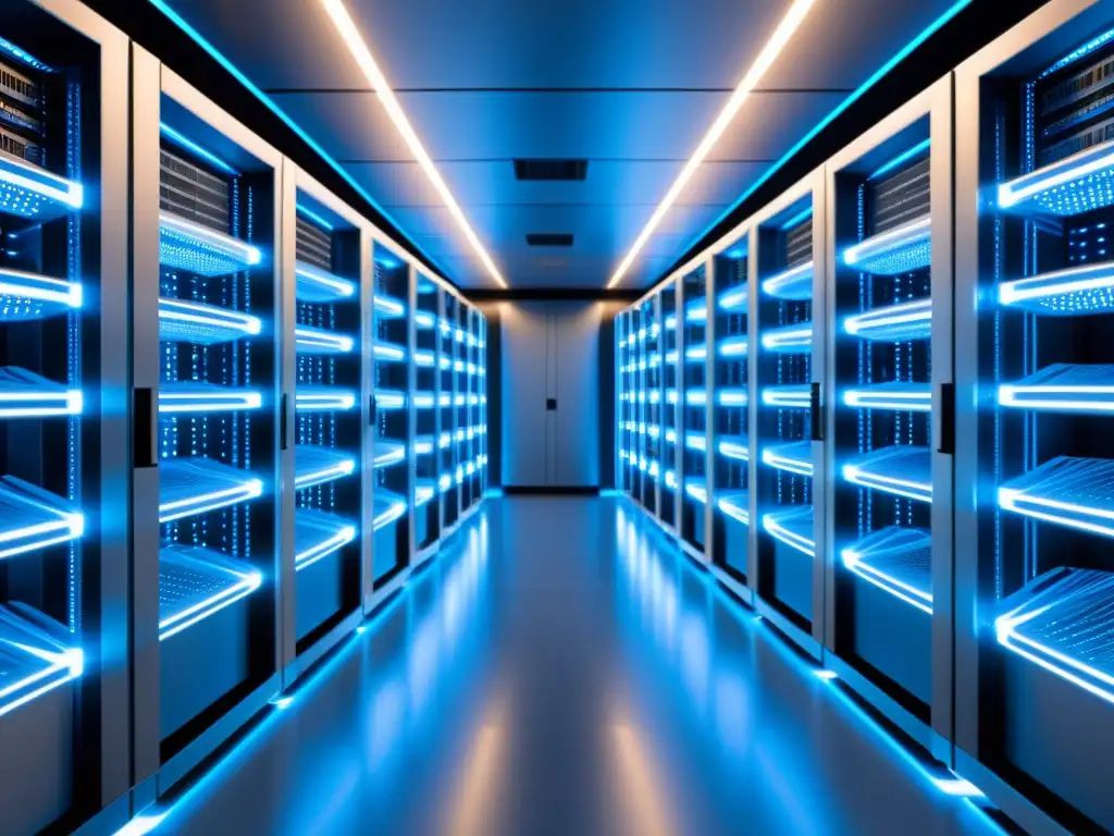 Sala de servidores futurista: eficiencia tecnológica Un centro de servidores futurista con tecnología de inteligencia artificial en distribución de servidores, iluminado por luces LED azules y blancas