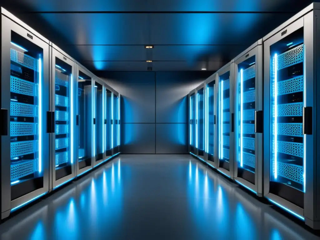 Sala de servidores futurista: tecnología de vanguardia en acción Un centro de servidores futurista con tecnología de vanguardia, organizado y eficiente