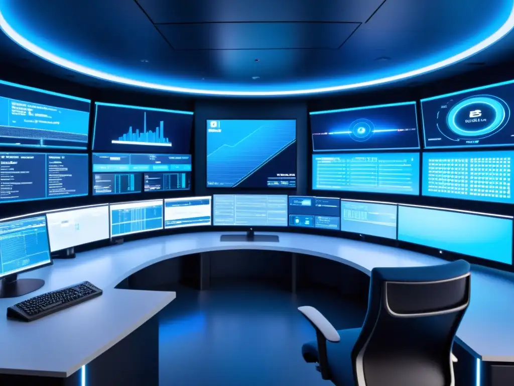 Centro de mando moderno con monitores grandes mostrando datos en tiempo real