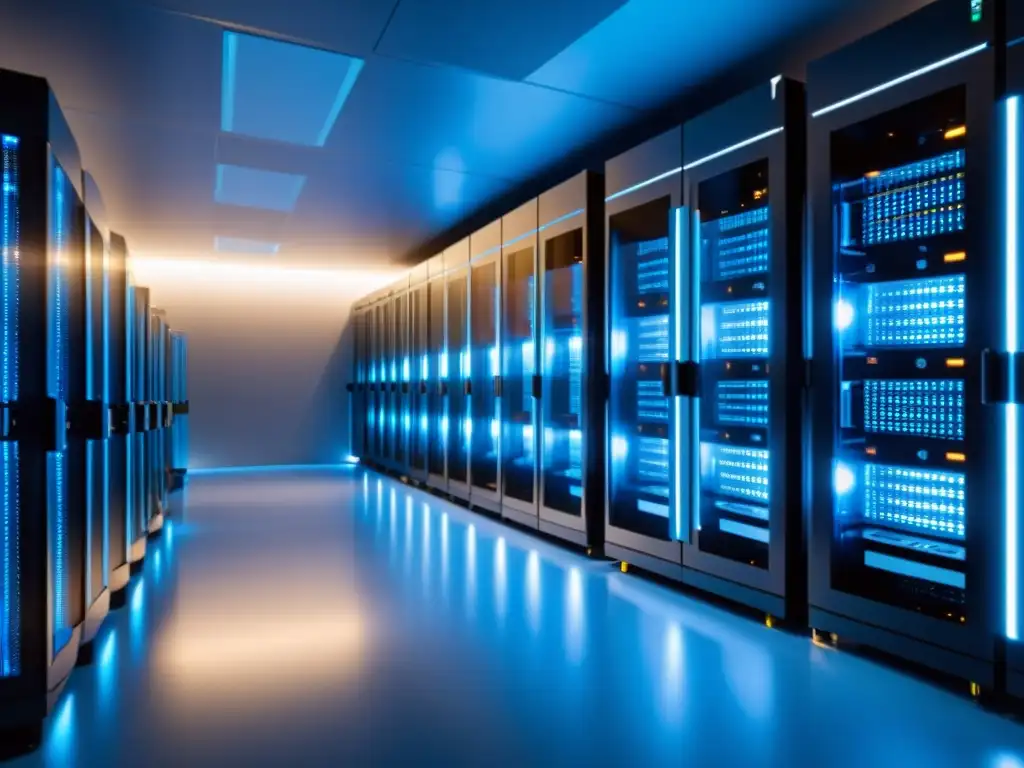 Un centro de servidores VPS moderno y eficiente con una iluminación azul suave, ideal para crecimiento escalable web