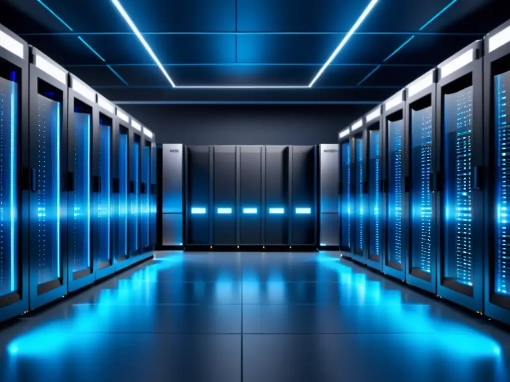 Sala de servidores futurista: eficiencia y tecnología de vanguardia Un centro de servidores moderno y elegante, con filas de servidores brillantes y ordenados, iluminados con una suave luz azul en un entorno futurista