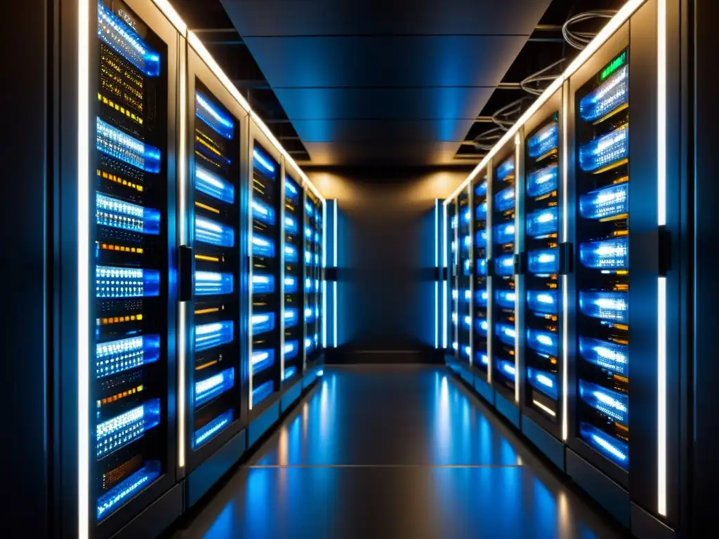 Un centro de servidores moderno y elegante con hileras de servidores iluminados