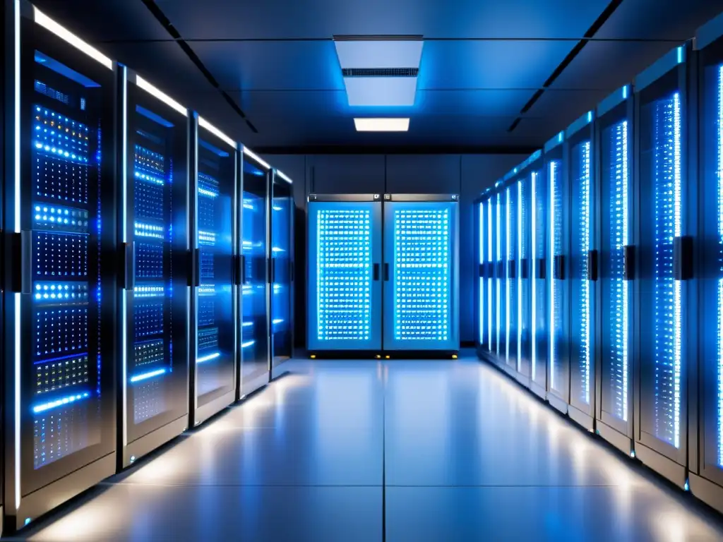 Servidores de alta tecnología para hosting corporativo Un centro de servidores moderno y elegante, iluminado por luces LED azules y blancas