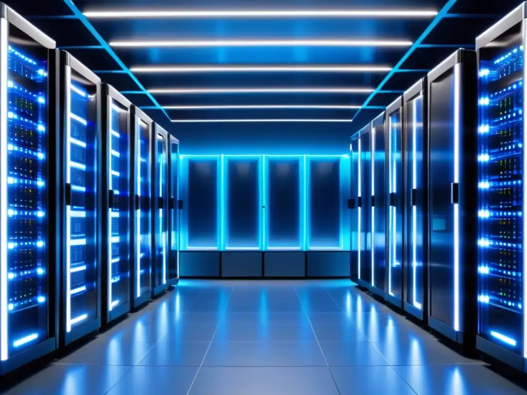 Sala de servidores de alta tecnología: orden y fiabilidad Un centro de servidores moderno con filas de servidores iluminados en un espacio futurista limpio