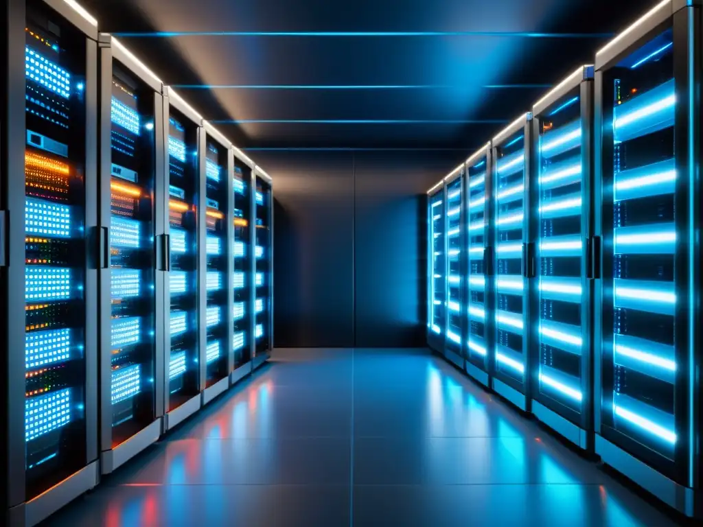Sala de servidores de alta tecnología: orden y elegancia futurista Un centro de servidores moderno iluminado, organizado y tecnológico, cumple normativas protección datos alojamiento web
