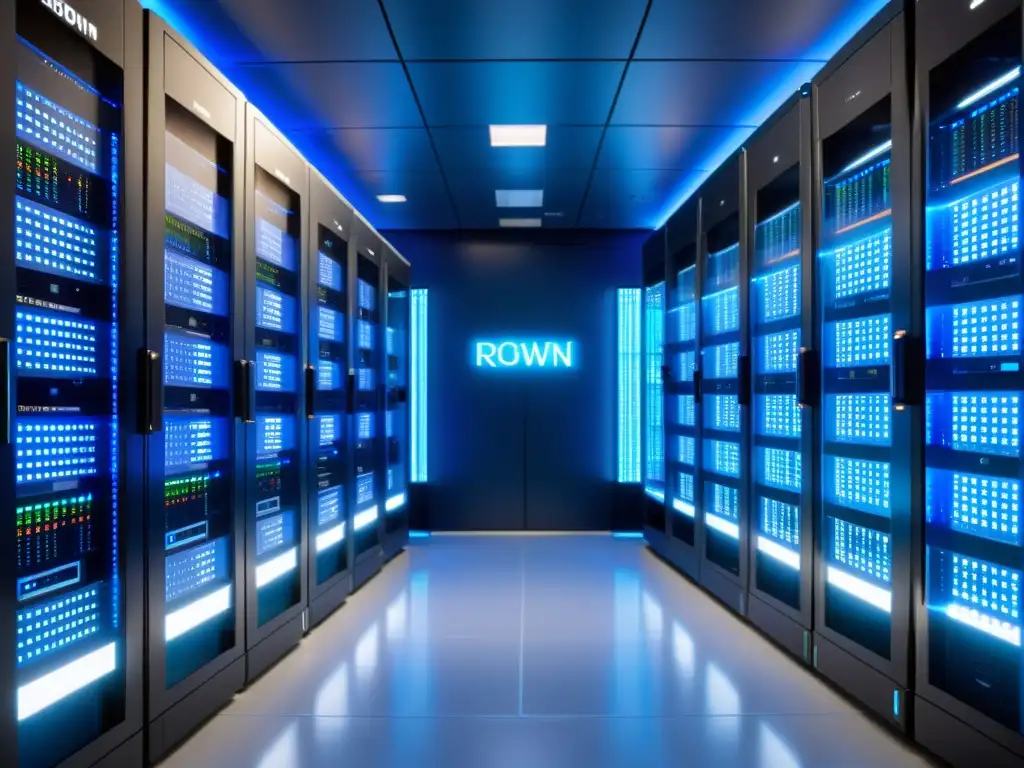 Sala de servidores de alta tecnología con eficiencia multidominio Un centro de servidores moderno y ordenado, bañado en luz azul futurista, muestra la gestión eficiente de hosting multidominio
