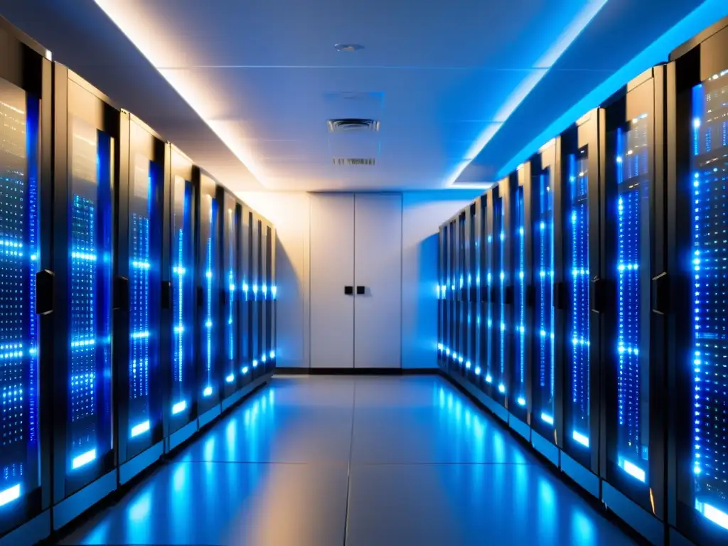 Sala de servidores de vanguardia: eficiencia y tecnología de punta Un centro de servidores moderno y ordenado con eficiencia y tecnología de vanguardia para optimización de costos en hosting dedicado