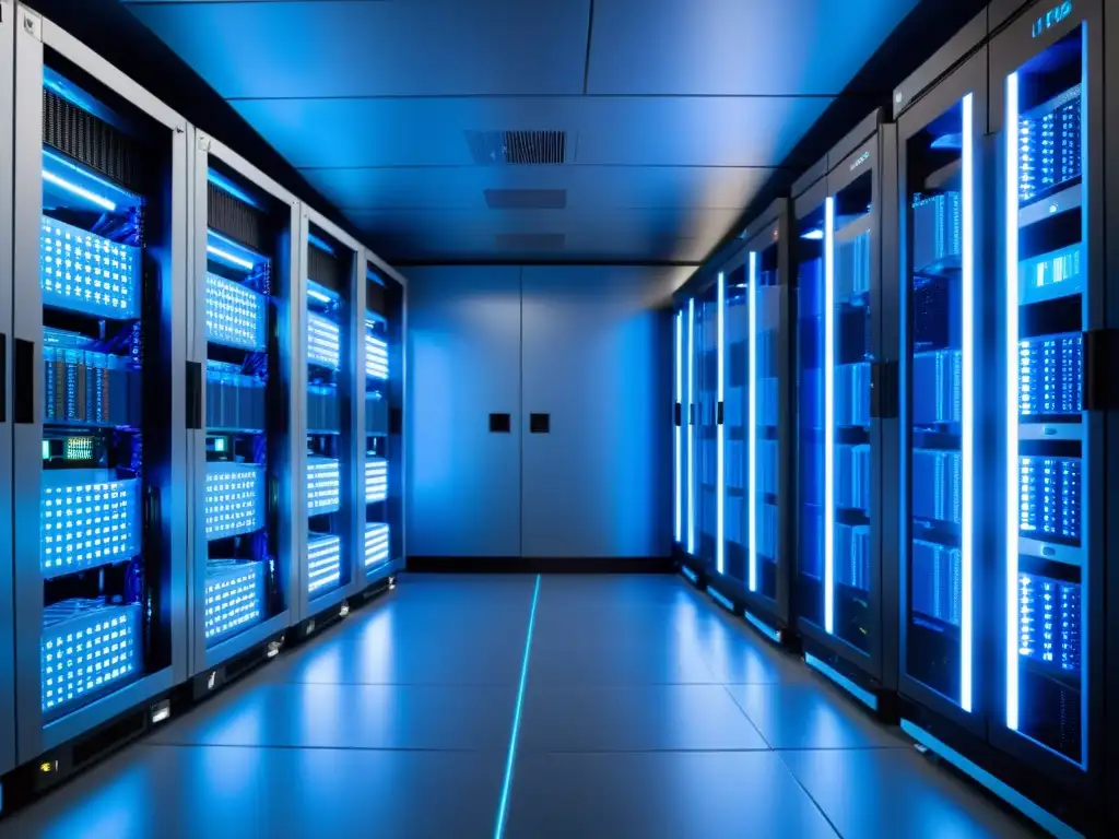 Sala de servidores de alta tecnología: eficiencia y fiabilidad Un centro de servidores moderno y ordenado, iluminado en azul, refleja la importancia del hosting para evitar downtime