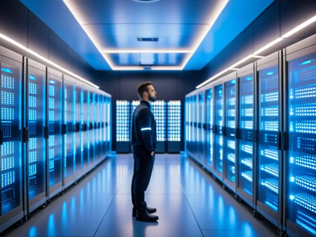 Sala de servidores futurista con técnico supervisando Un centro de servidores moderno y ordenado con luces LED azules suaves