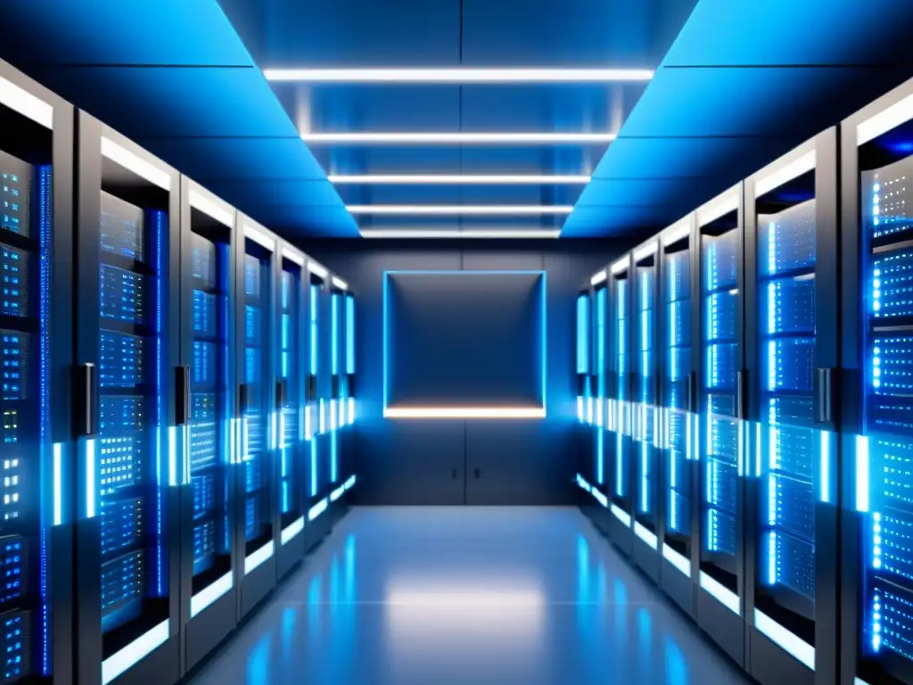 Sala de servidores futurista y ordenada: eficiencia en azul Un centro de servidores moderno y ordenado con luces azules, ideal para el mejor hosting reseller para negocios