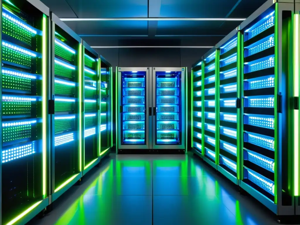 Sala de servidores moderna y eficiente para hosting de Moodle Un centro de servidores moderno con racks metálicos brillantes iluminados con luces LED azules y verdes