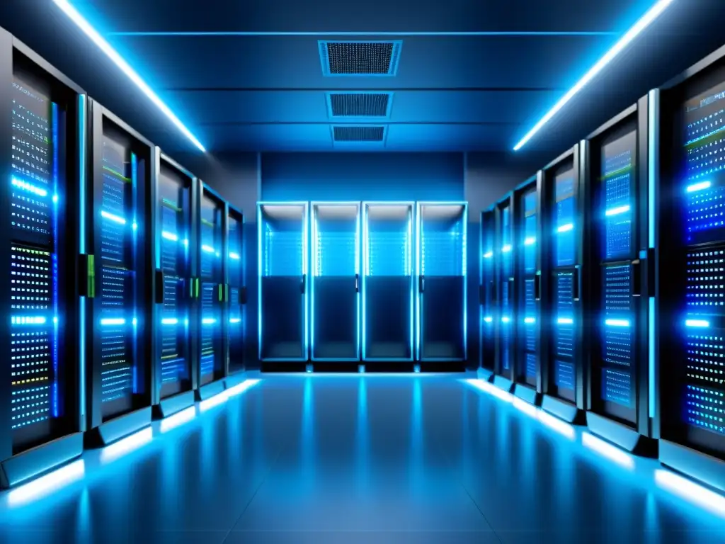 Centro de servidores de alta tecnología: orden y profesionalismo en azul Un centro de servidores moderno con servidores futuristas organizados en filas