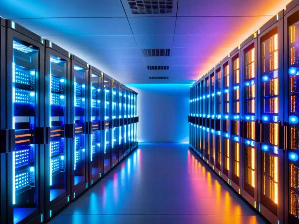 Sala de servidores moderna y eficiente con tecnología de vanguardia Un centro de servidores bañado en una luz azul futurista