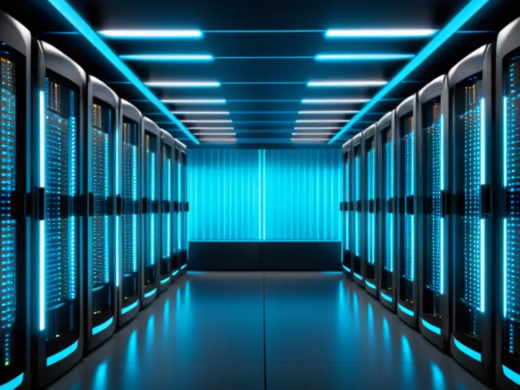 Sala de servidores de alta tecnología: eficiencia y elegancia Un centro de servidores organizados con cables entrelazados, iluminados por un suave resplandor azul