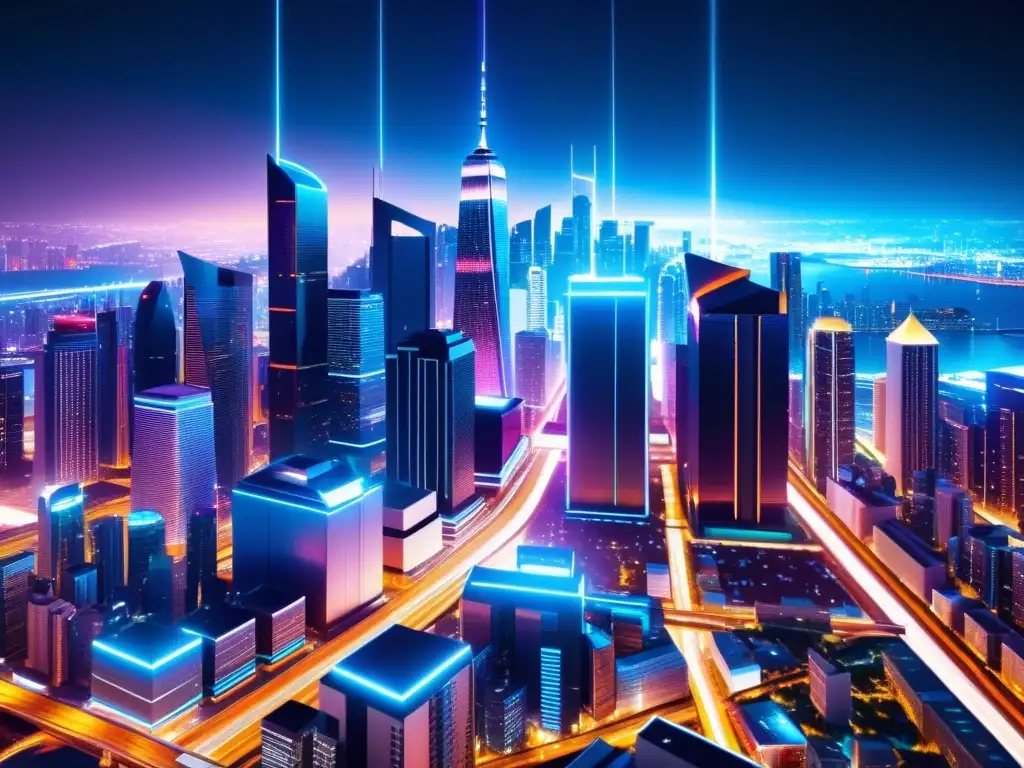 Metropolis futurista en 8k: luces neón y autopistas digitales Una ciudad futurista iluminada por luces de neón, con una red de entrega de contenidos para acelerar sitio web tejiéndose entre rascacielos brillantes