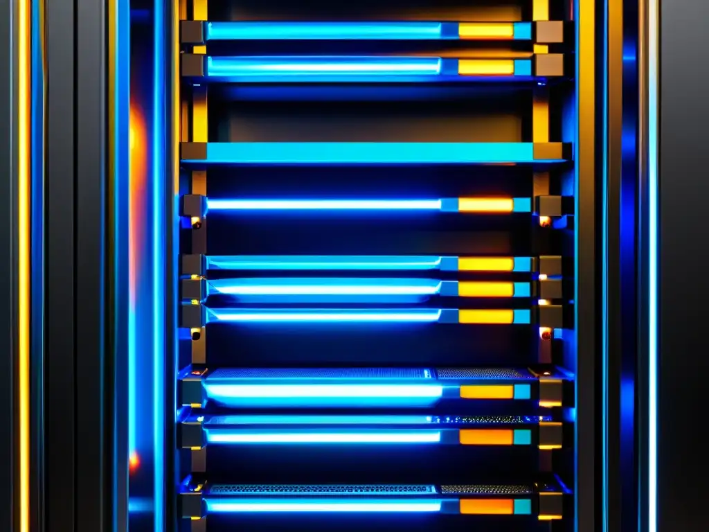 Servidor futurista con luces LED vibrantes y cables interconectados Closeup de un servidor futurista con luces LED vibrantes, cables interconectados y sistemas de enfriamiento