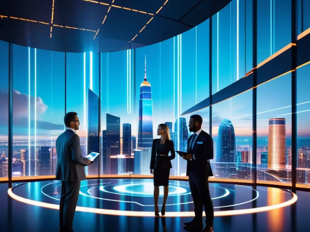 Skyline futurista: Protección de datos en la era digital Collage digital de una ciudad futurista con rascacielos interconectados por redes de datos brillantes