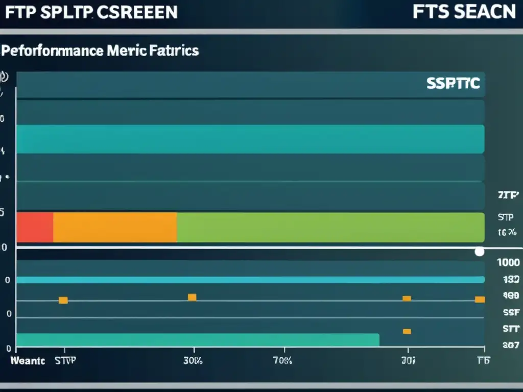 Comparación FTPS vs SFTP: Gráficos de rendimiento Una comparativa detallada entre FTPS y SFTP con gráficos vibrantes que muestran métricas de rendimiento