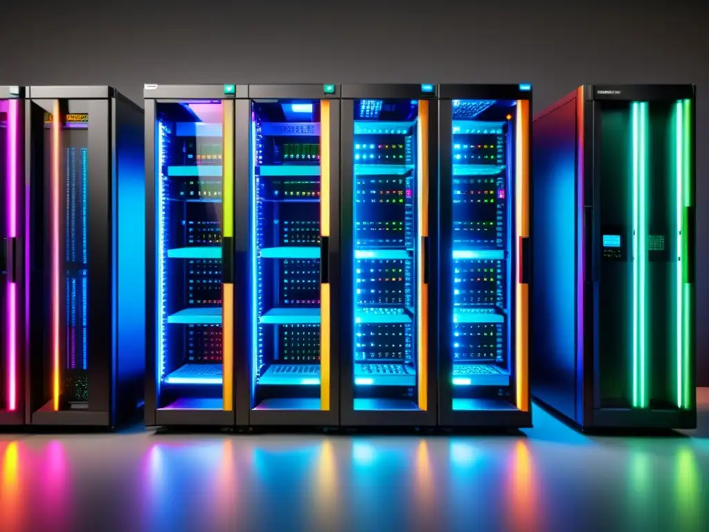Servidores de Datos: Luces parpadeantes en modernos racks Comparativa FTPS vs SFTP: Imagen detallada de dos racks de servidores con luces parpadeantes indicando transferencia de datos y organización de cables