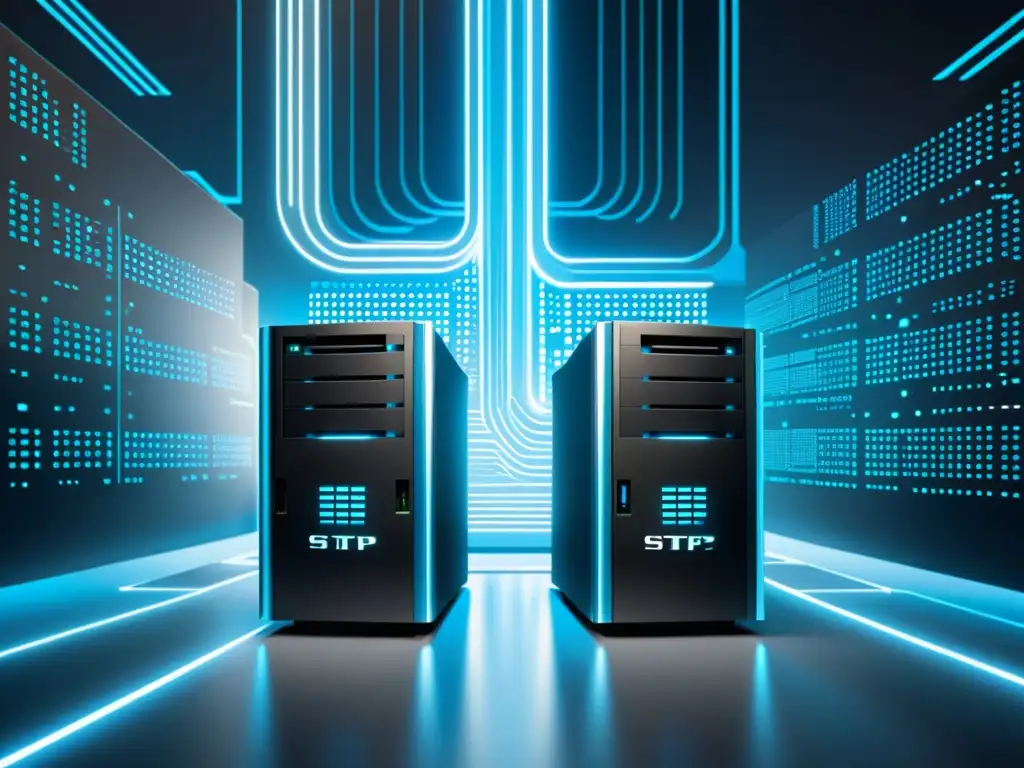 Servidores FTPS y SFTP en paisaje digital Comparativa FTPS vs SFTP: Imagen de servidores informáticos rodeados de código binario y símbolos de encriptación, transmitiendo seguridad y modernidad