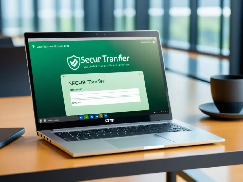 Transferencia de archivos segura en laptop moderna Comparativa seguridad SFTP vs FTPS: Imagen de laptop moderno con interfaces claras y seguras, en un ambiente profesional y educativo