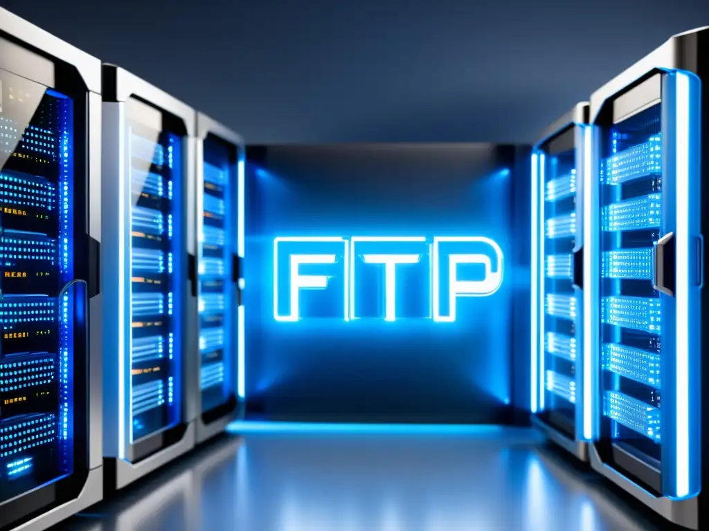 Servidores SFTP y FTPS protegidos: imagen de alta resolución Comparativa seguridad SFTP vs FTPS: Imagen futurista de servidores con escudos protectores, contrastando diseño moderno y tradicional