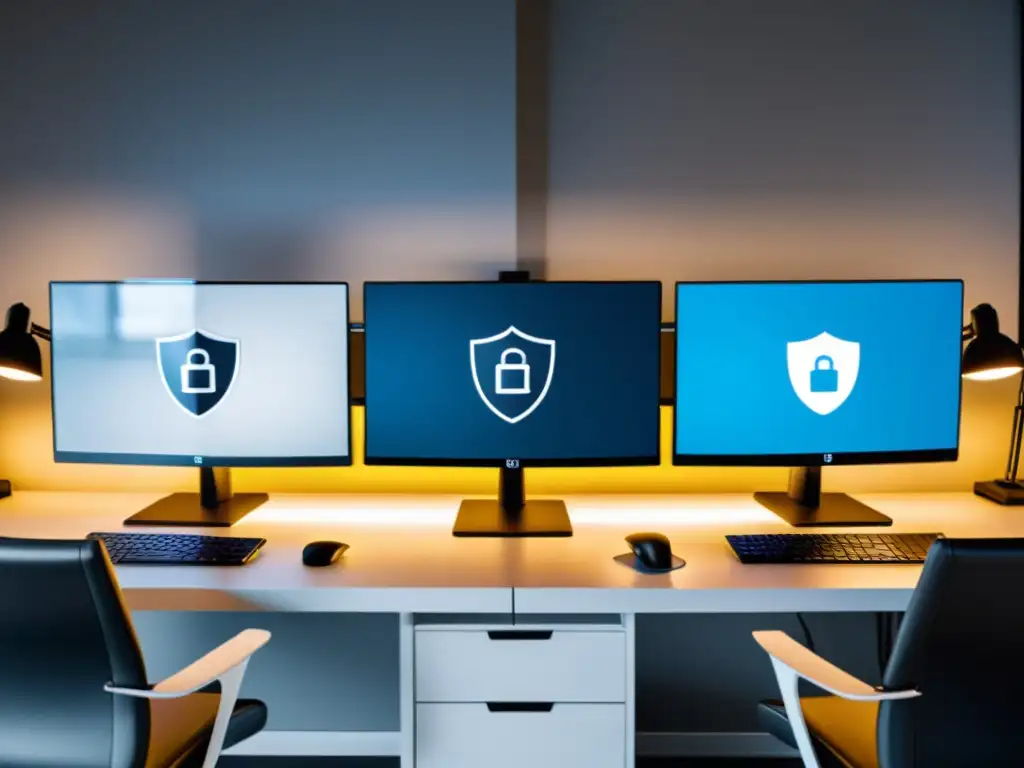 Conexiones seguras SFTP y FTPS en entorno profesional Comparativa seguridad SFTP vs FTPS: Pantallas mostrando conexiones seguras, rodeadas de decoración moderna de oficina