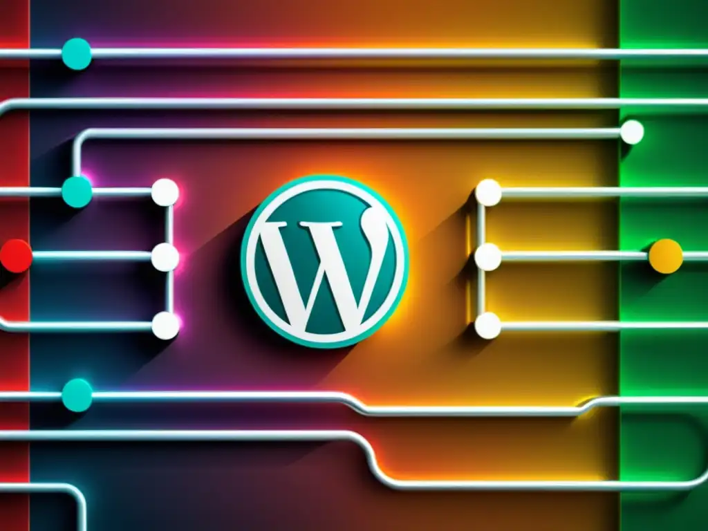 Estructura detallada de base de datos de WordPress Complejidad y profesionalismo en la optimización de bases de datos WordPress alojamiento, con líneas intrincadas y colores vibrantes