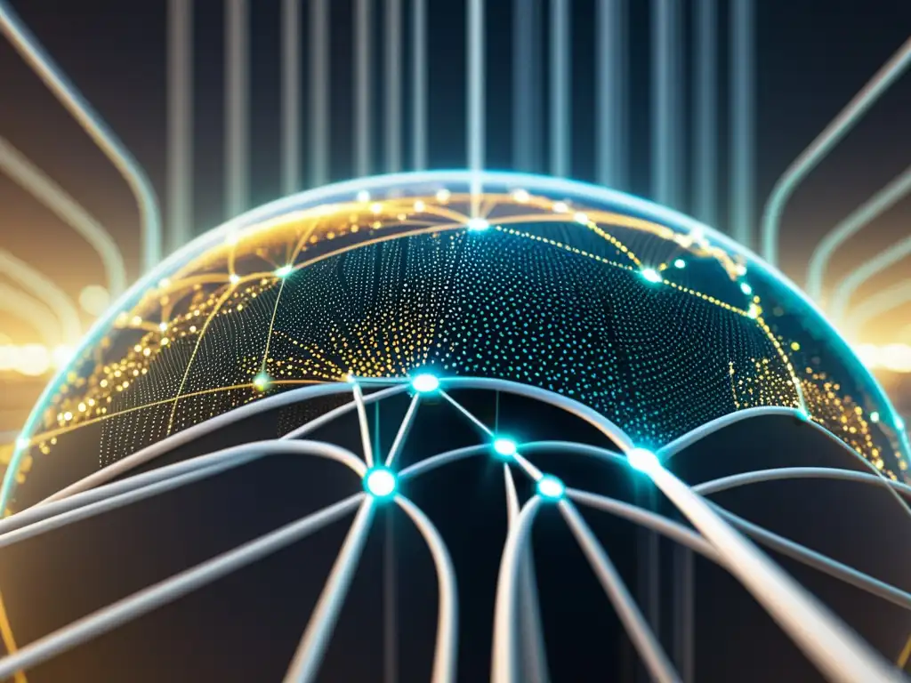 Red global de servidores y cables ópticos: eficiencia y velocidad Un complejo entramado global de servidores interconectados por cables de fibra óptica, transmitiendo datos a alta velocidad