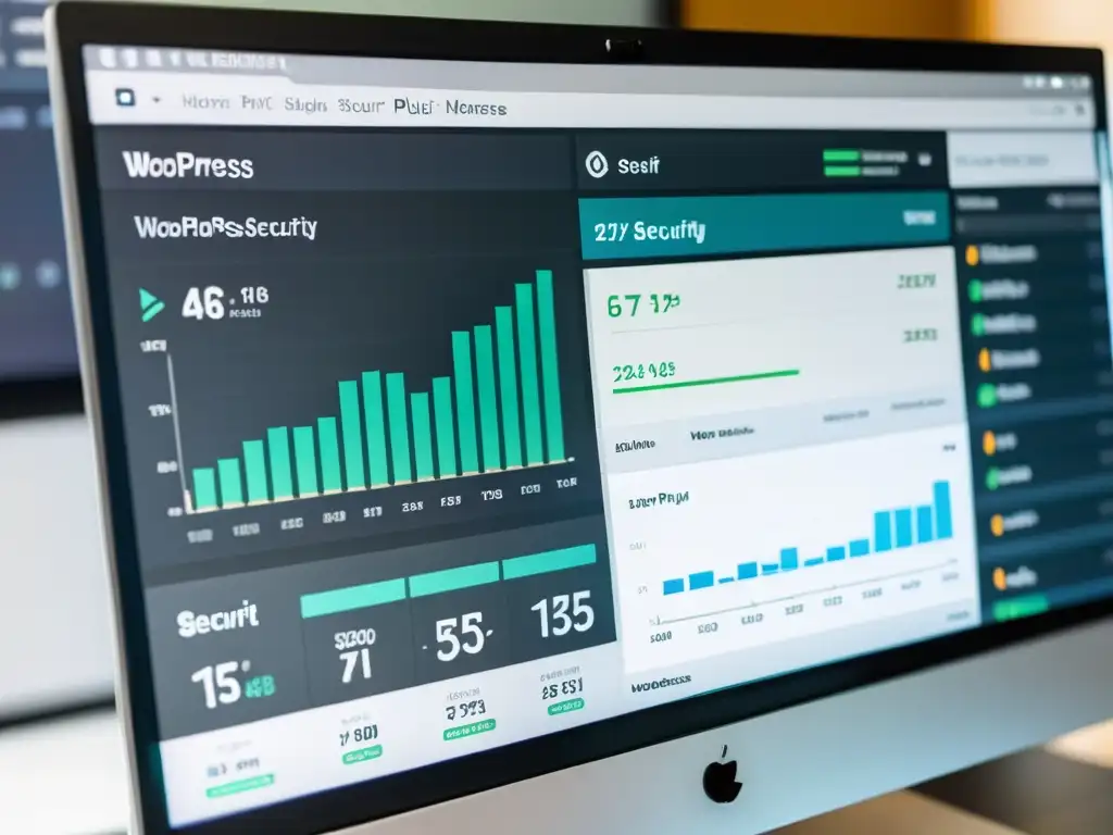 Panel de Seguridad WordPress: Gráficos detallados y alertas en tiempo real Un dashboard de WordPress muestra múltiples plugins de seguridad y herramientas de monitoreo activas, con gráficos detallados y alertas en tiempo real