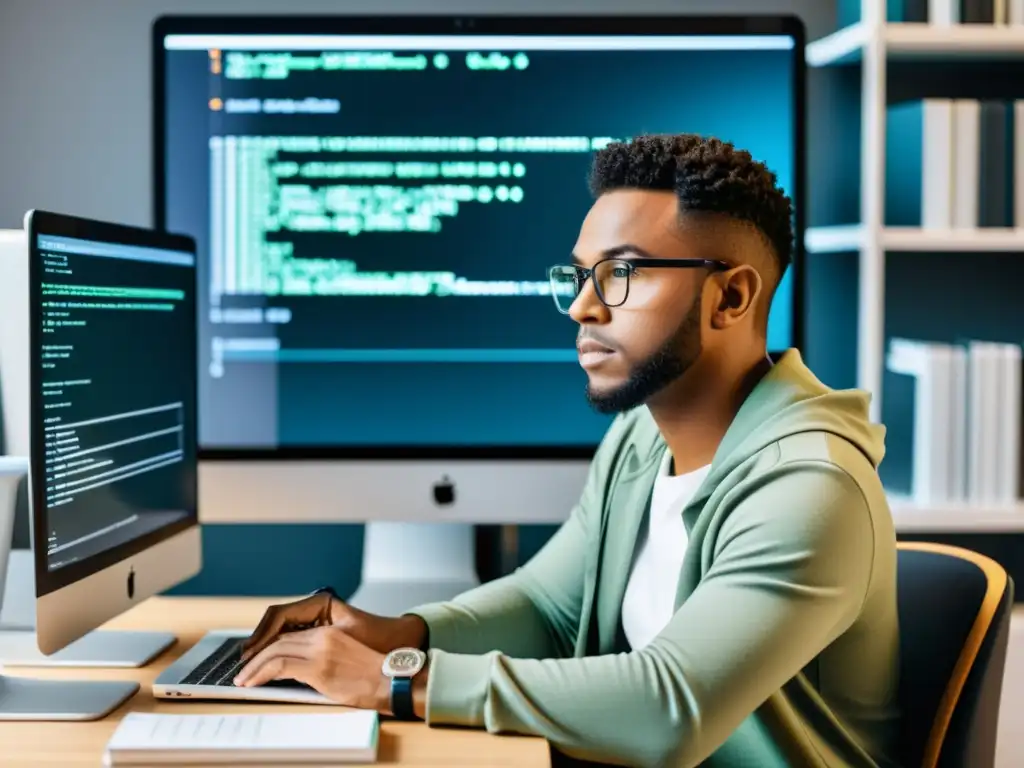 Desarrollador de Magento, enfocado en la eficiencia Un desarrollador concentrado trabaja en su computadora rodeado de código y libros de programación, con un ambiente profesional y minimalista