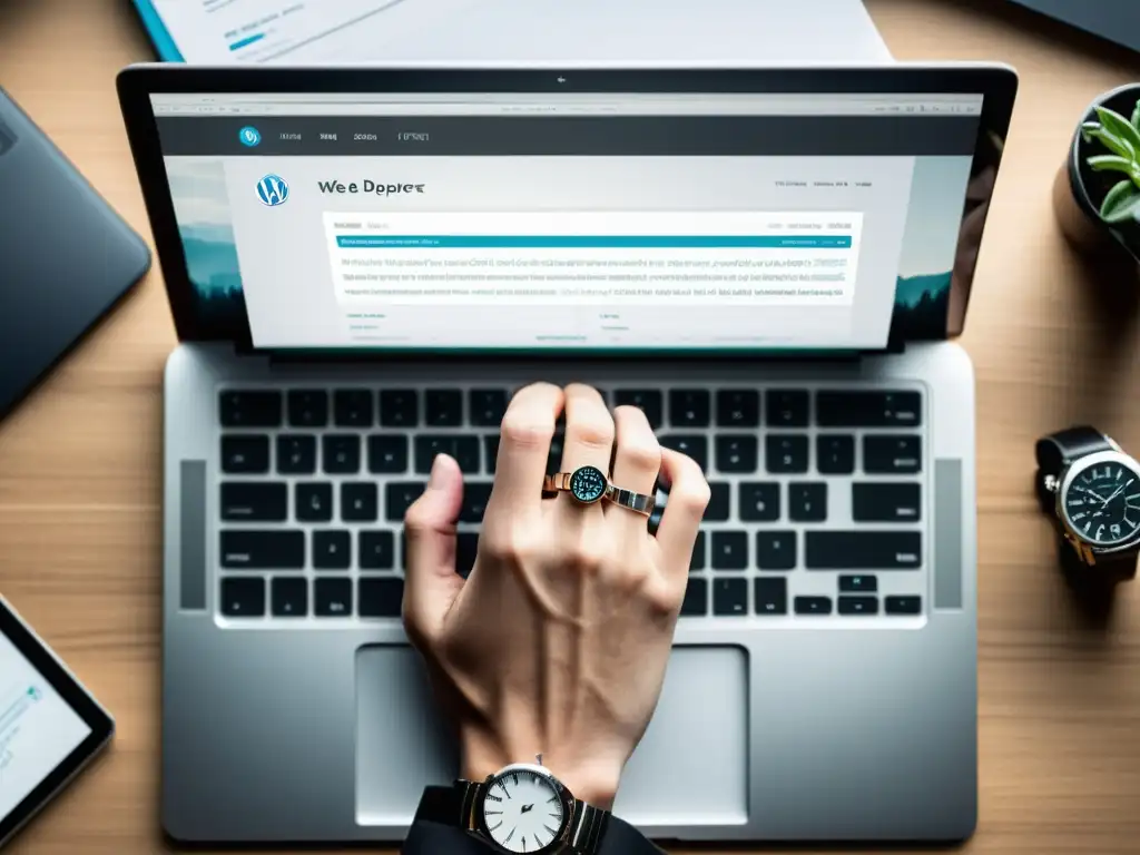 Experto en WordPress: Detalle de manos tecleando en laptop Un desarrollador web experto maneja WordPress hosting con precisión y concentración
