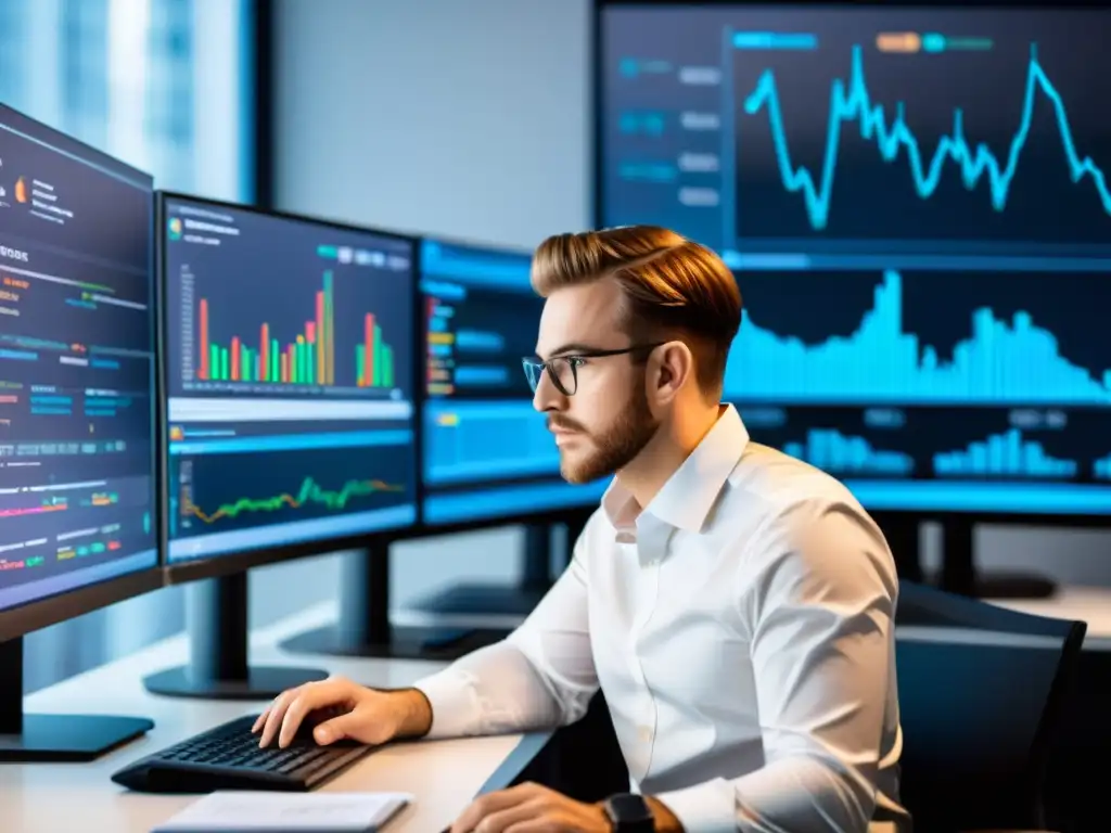 Desarrollador web analizando logs del servidor con enfoque profesional Un desarrollador web analiza logs del servidor para SEO en una computadora moderna y organizada, rodeado de gráficos y datos