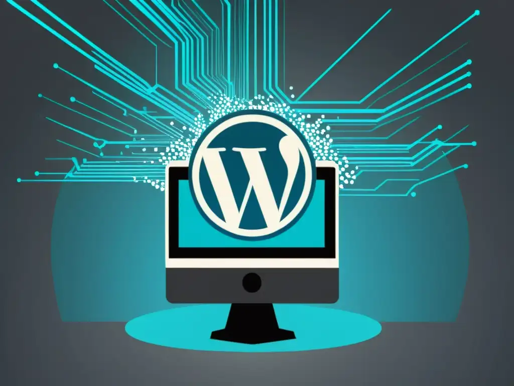 Ataque DDoS masivo: WordPress bajo fuego Ilustración detallada de un ataque DDoS a un sitio WordPress, mostrando la sobrecarga del servidor