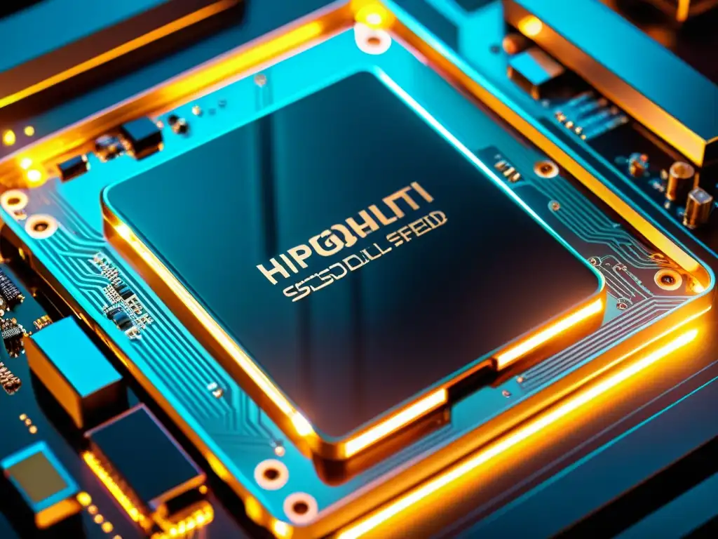 SSD de alta calidad: tecnología avanzada y precisión Detallada imagen de un SSD de alta calidad, con circuitos internos y carcasa metálica brillante