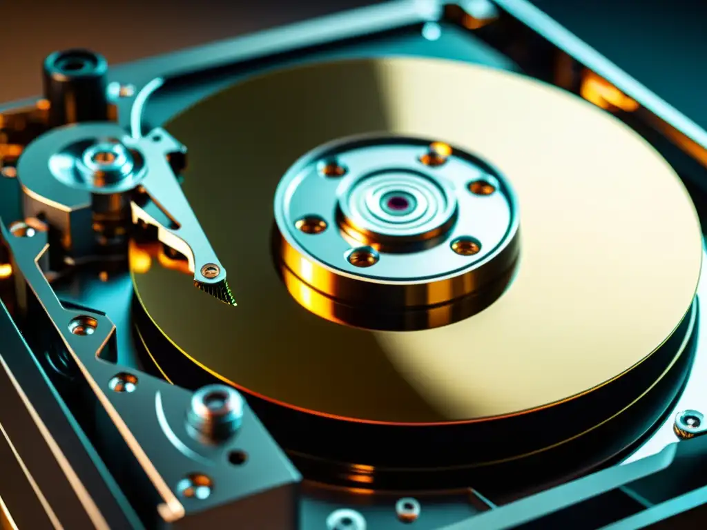 Detalles impactantes del HDD: precisión y complejidad Detallada imagen de un HDD tradicional sin carcasa, mostrando sus intrincados componentes internos con dramática iluminación