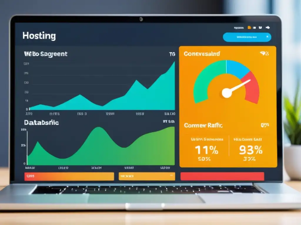 Panel de control de hosting: Métricas clave para startups Detallado dashboard de hosting para startups, con métricas clave como tráfico web, tasas de conversión y métricas de servidor