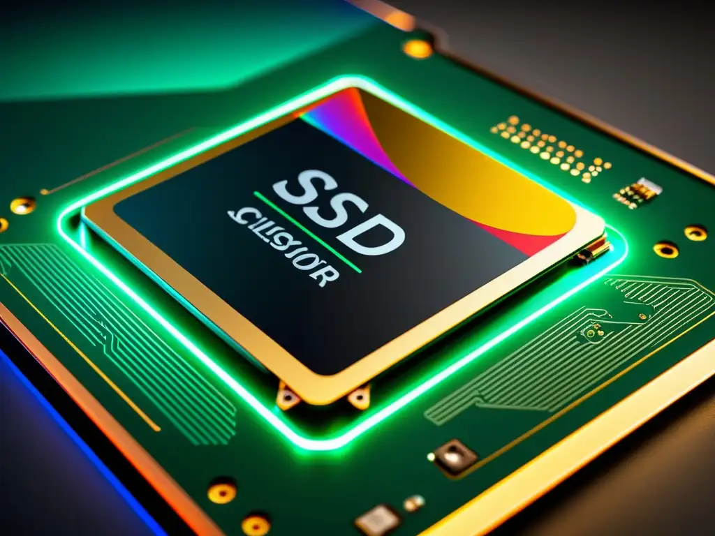SSD de alta velocidad: detalle ultrafino y diseño moderno Detalle de SSD de alta velocidad con diseño moderno y circuitos impresionantes