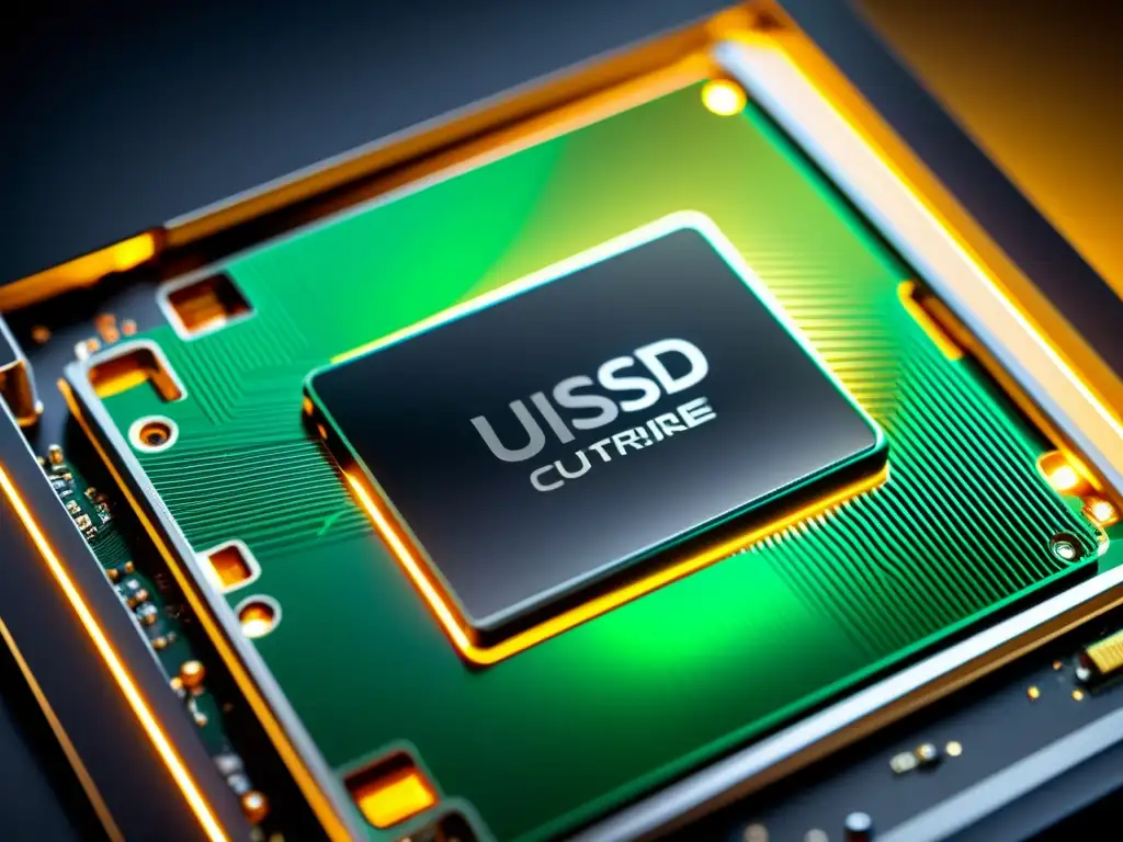 SSD de alta velocidad: Tecnología de vanguardia en detalle Detalle de SSD de alta velocidad con tecnología de vanguardia y circuitos internos visibles, transmitiendo una sensación de rendimiento avanzado