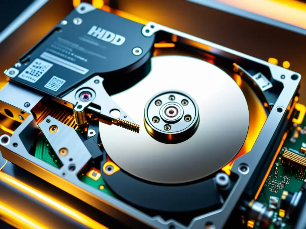 Detalles internos de un HDD: ingeniería de precisión y tecnología compleja Detalle de los componentes internos de un HDD tradicional, resaltando la precisión y la compleja tecnología