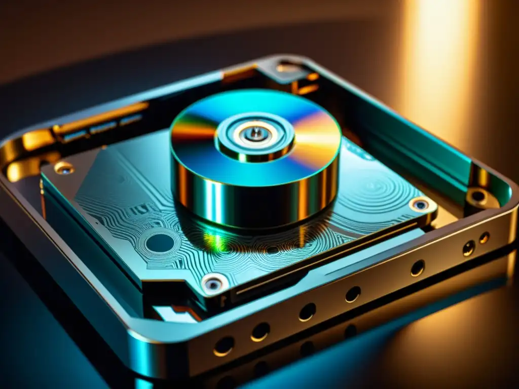 Patrón magnético y detalle metálico en plato de HDD Detalle de un disco duro tradicional mostrando su complejo patrón de almacenamiento magnético y reflejo de la luz