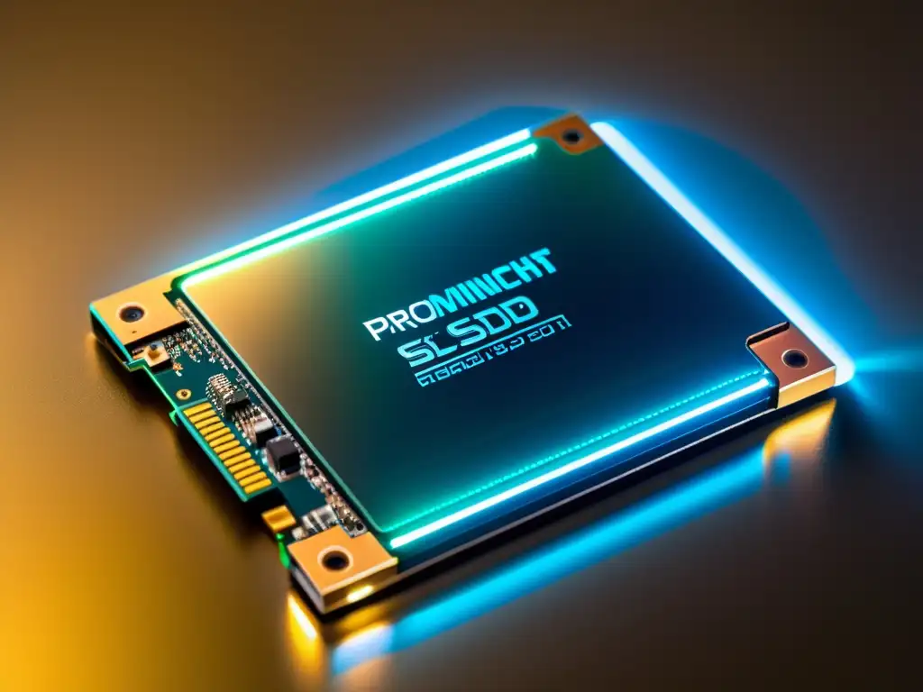SSD de alta tecnología en resolución ultradetallada Detalle de alta tecnología: SSD drive moderno con iluminación suave, circuitos internos y la marca en primer plano