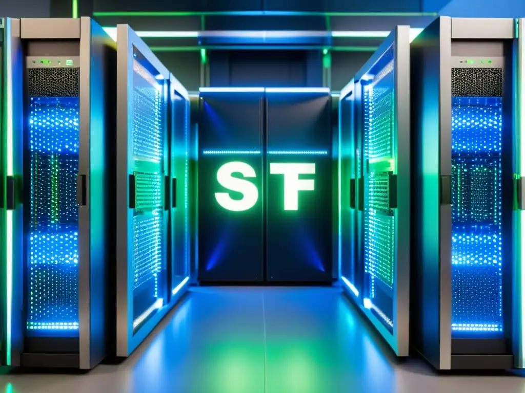 Comparación de seguridad SFTP vs FTPS: Data center futurista Detalle impresionante de servidores SFTP y FTPS en un futurista centro de datos, iluminado por luces azules y verdes