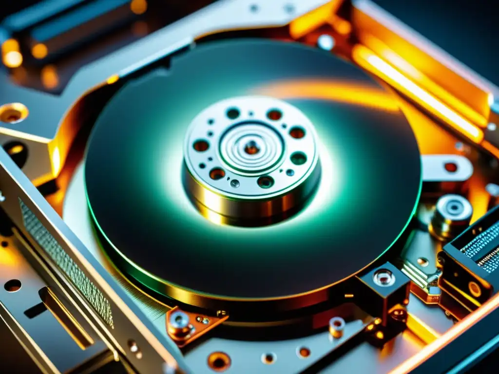 Detalle fascinante de un HDD tradicional en funcionamiento Detalle interno de un HDD tradicional con sus platos giratorios, cabezal de lectura/escritura y circuitos