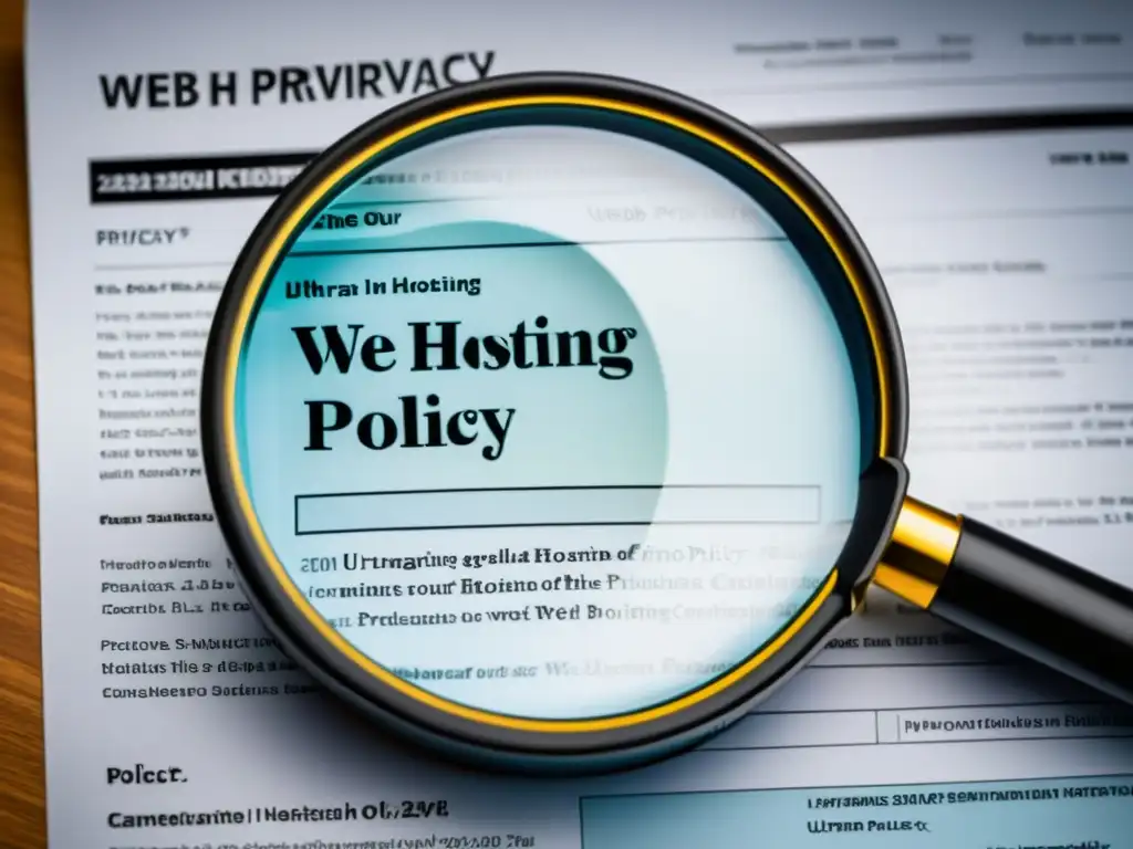 Examinando la letra pequeña: política de privacidad de web hosting Detalle de una lupa sobre el texto detallado de una política de privacidad de web hosting
