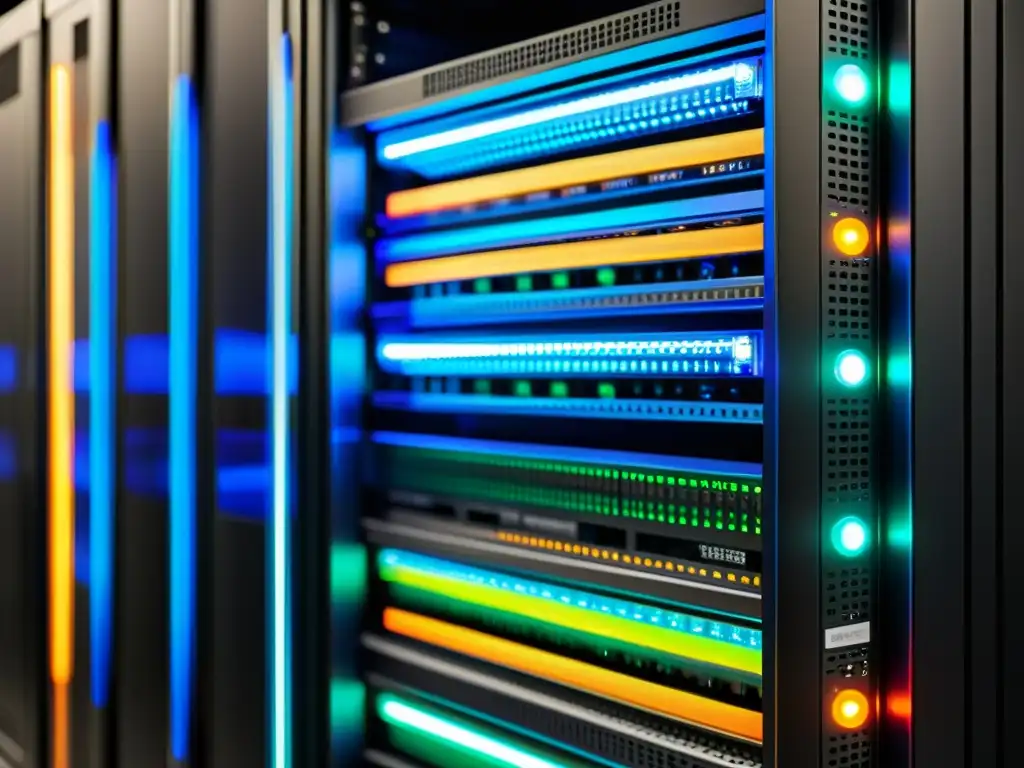 Rack de servidores: tecnología HTTP/2 en detalle Detalle de un moderno rack de servidores con luces LED parpadeantes y cables Ethernet, mostrando la tecnología para Mejorar velocidad web con HTTP/2