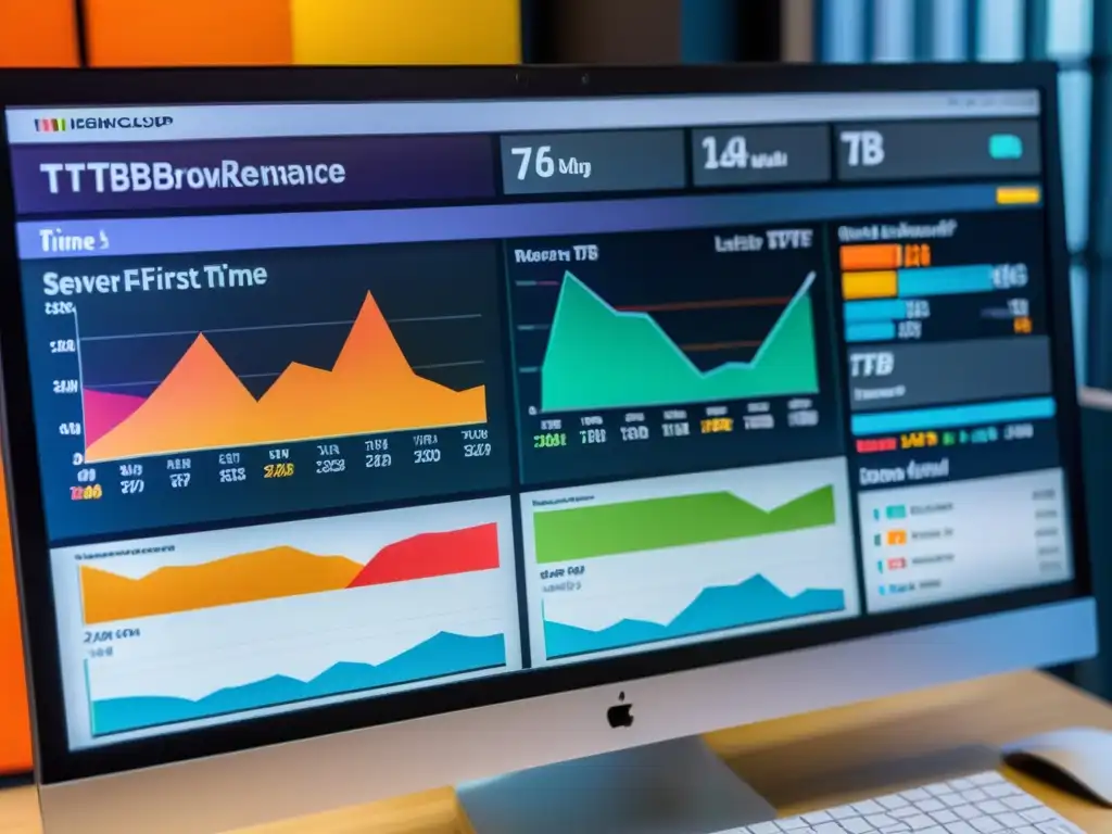 Análisis detallado de TTFB: optimización visual Detalle en pantalla de monitor con gráficos coloridos y métricas de TTFB, impacto SEO en Optimización TTFB