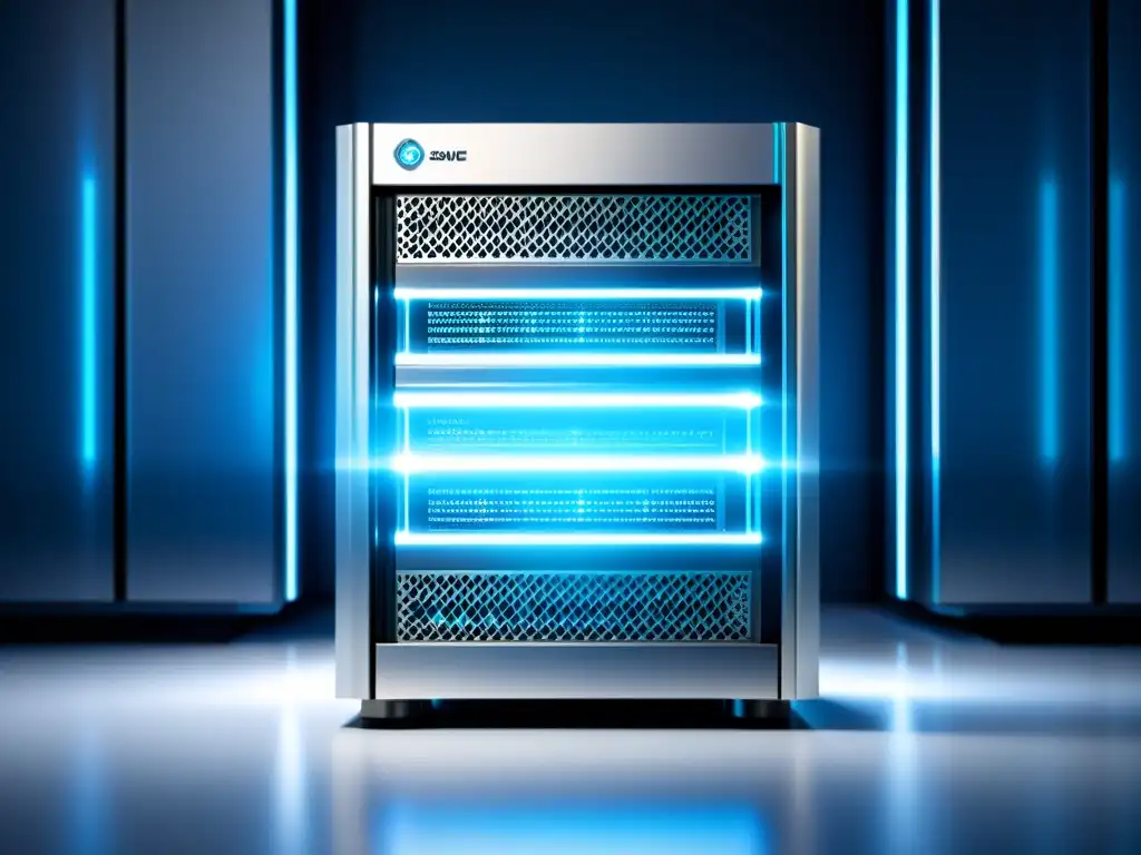 Servidor web moderno con tecnología intrincada y resplandor azul Detalle en primer plano de un moderno servidor web iluminado por un suave brillo azul, mostrando la compleja tecnología detrás de mejorar la velocidad de carga web SEO