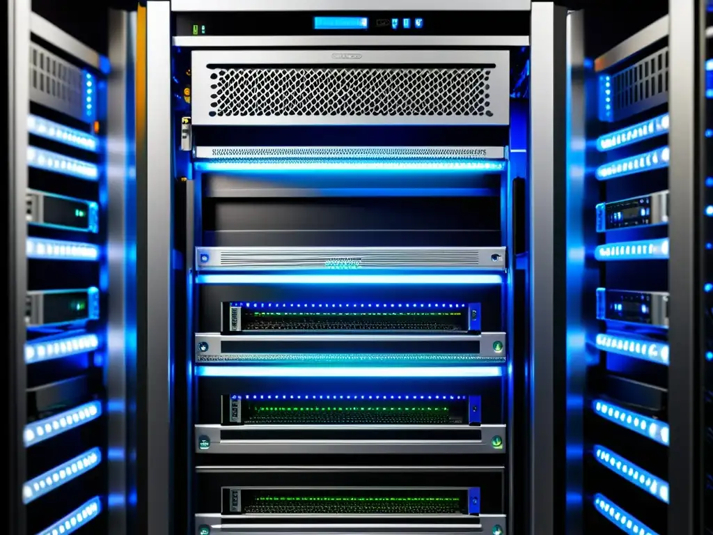 Red de servidores: Intrincada belleza tecnológica y potencia web Detalle de un rack de servidor con luces LED parpadeantes, cables y componentes