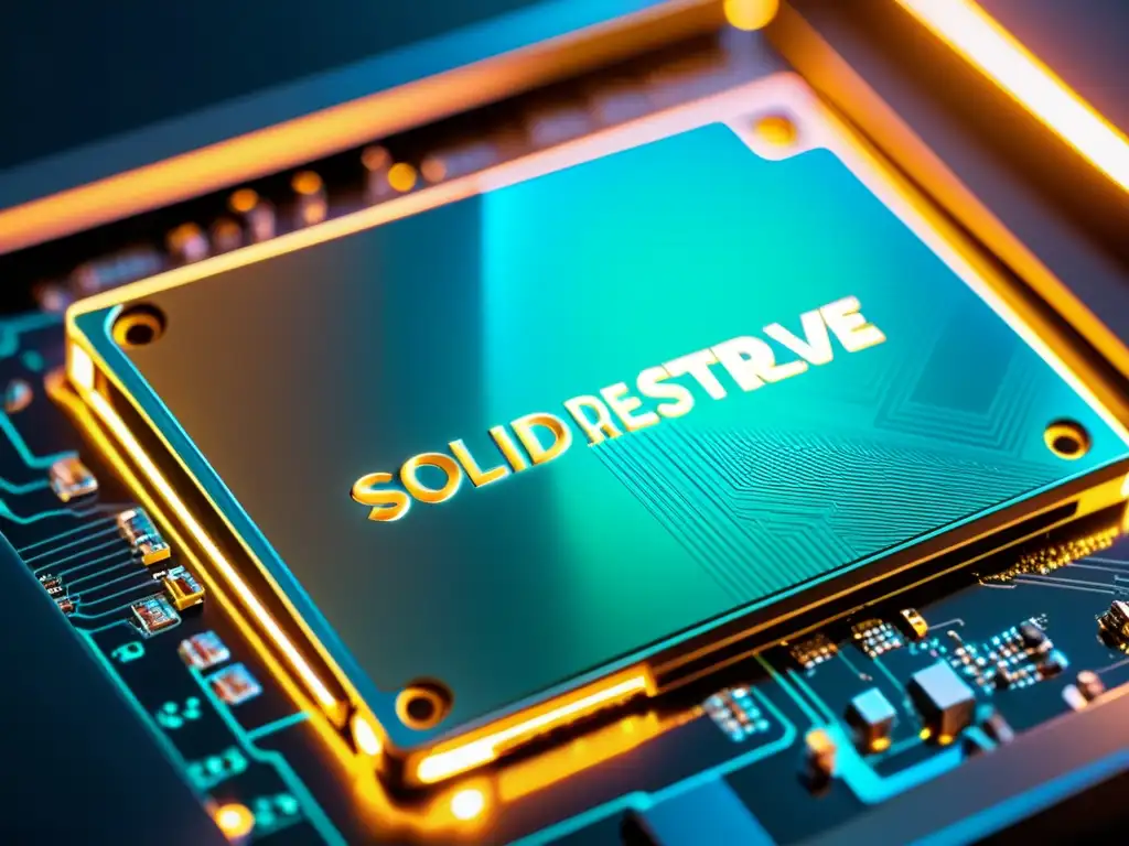 SSD de Alta Tecnología: Circuitería Brillante y Moderna Detalle de un SSD con iluminación futurista resaltando su tecnología vanguardista